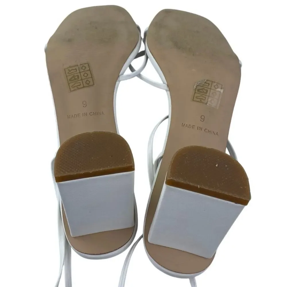 Princess Polly Women's White Lace Up Square Toe Strappy Block Heels Sandals Sz 9